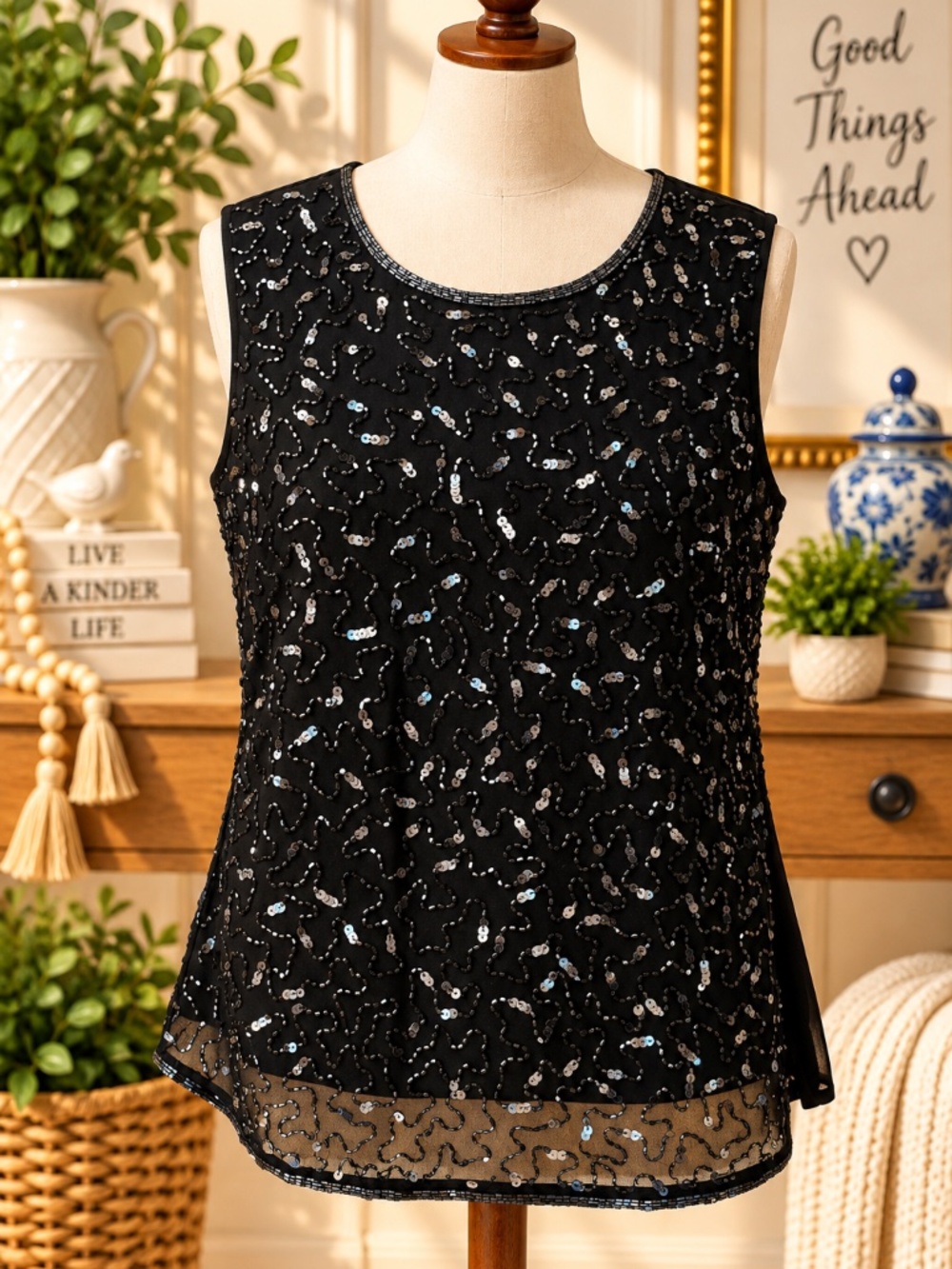 Erena Petite Size L Black Sequin Beaded Sleeveless Evening Top